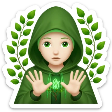 hooded figure with glowing green hands, surrounded by small trees, leaves, or vines sticker
