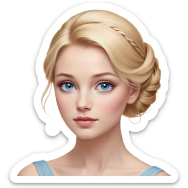 Cinematic Realistic Cinderella Portrait, depicted with lifelike skin texture, subtle rosy undertones, and soft natural lighting that enhances the gentle contours of her face. Her intricately detailed golden blonde hair is elegantly styled in an updo, with delicate wisps framing her face for added realism. Her deep, expressive blue eyes radiate warmth and sincerity, reflecting a quiet resilience and grace. She is dressed in her iconic ball gown, the fabric shimmering with intricate embroidery and fine translucent layers that catch the light beautifully. The soft sheen of satin gloves and the delicate sparkle of a glass-like slipper peeking from beneath her dress add a touch of magical realism. The portrait features an enchanting glow with a natural, luminous finish, seamlessly blending realism and fairytale charm to evoke a sense of depth, elegance, and timeless beauty. sticker