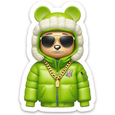 bearbrick toy with cubic head wearing a lime green balaclava with graffiti logos, oversized puffy jacket with fur hood trim, sleek single-piece visor sunglasses, gold chains around neck sticker
