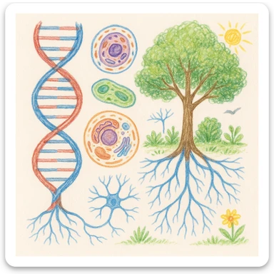 A realistic biological illustration (like in a school book) showing: DNA strands transitioning into a tree, cells with visible organelles, neurons connected to plant roots  and a balanced ecosystem background . Seamless integration, no labels or borders, white background, detailed but minimalist.  sticker