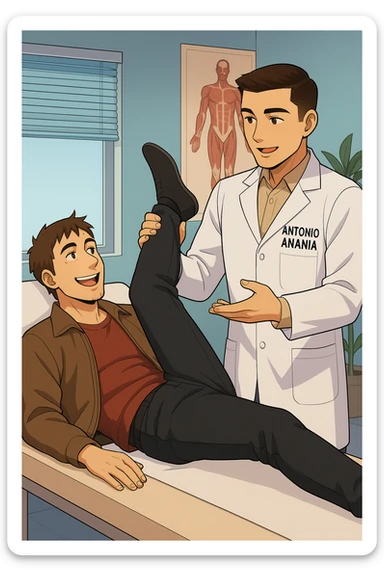 fai un webtoon manga a colori con questo stile, in cui un uomo è steso sul lettino medico e il kinesiologo con il camice bianco (fagli anche la scritta "ANTONIO ANANIA" SUL CAMICE, gli solleva una gamba per fargli il test neuromuscolare, IL KINESIOLOGO SPIEGA ALL'UOMO UNA cosa mentre gli alza la gamba. l'espressione dell'uomo è felice e soddisfatta, non fare i fumetti però, fai solo in modo che sembri stiano parlando, il lettino fai in modo che si veda tutto intero sticker