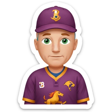 young-ish 50 year old man dressed in a brisbane broncos jersey, bald head, fair freckled skin, happy face, blueish green eyes, wearing brisbane broncos baseball style cap, picture should be down to waist, hands on hips in a player stance sticker