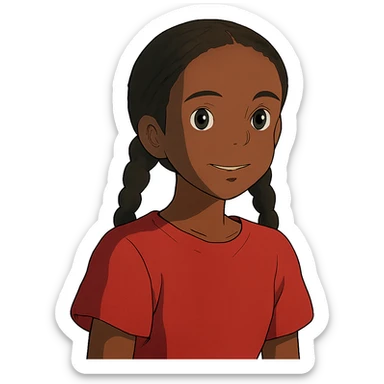 ghibli style dark skin girl with braids and red shirt sticker