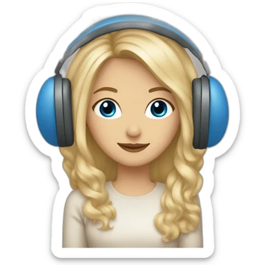 Femme yeux bleus, cheveux longs et blonds, avec un casque musique beige sticker