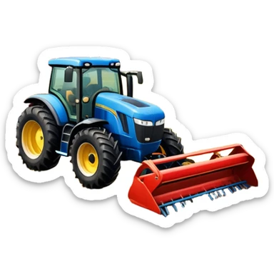An icon representing a farming simulator, with a detailed tractor plowing fields under a bright sky with rural landscape. The design includes farming tools, crops and barns, symbolizing the immersive experience of managing a farm. Transparent background. sticker