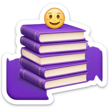 stack of books with the top one purple, emoji style sticker