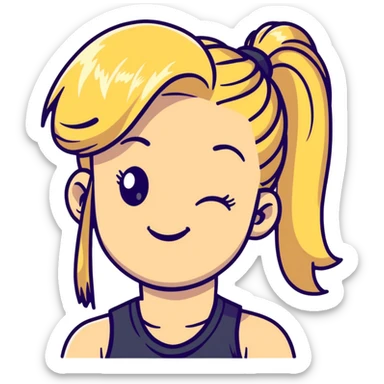 blonde girl with high pony tail hair, winking and making peace sign sticker