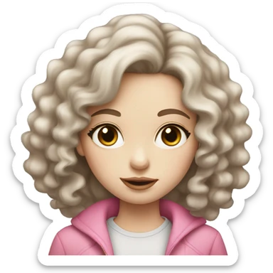 young girl with pale skin, gray eyes, long curly brown hair with pink lips sticker