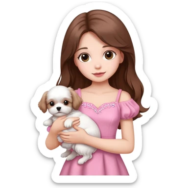 beautiful girl with long hair wearing pink dress holding a white Maltese puppy sticker