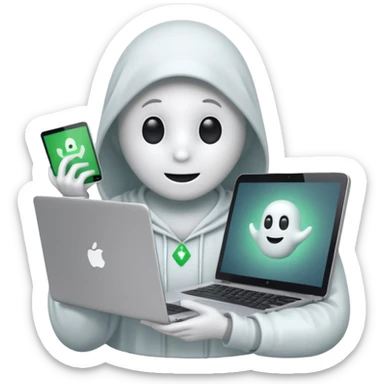 friendly and honest ghost IT specialist with laptop, subtle frontend hint with Vue.js and React.js logos sticker