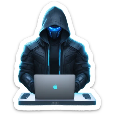 developer behind his laptop with this style : crysis Cyberpunk Riot Games Valorant neon glowing bright blue character blue black hooded assassin themed character sticker