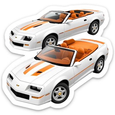 3rd generation 1992 convertible Camaro, white with orange hood and deck stripes, front angle sticker