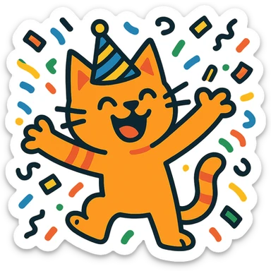 a cat throwing confetti, wearing a party hat, vibrant cartoon style sticker
