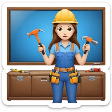 beautiful girl with long brown hair constructing new lounge room area with flat screen tv and couch sticker