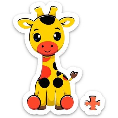 A cartoon wooden puzzle giraffe toy with a sweet face and visible puzzle pieces sticker