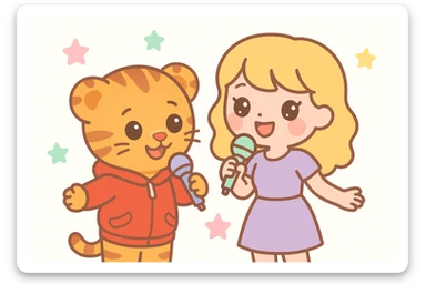 Daniel Tiger and Taylor Swift together, singing, cute kawaii style, bright colors, adorable expressions sticker