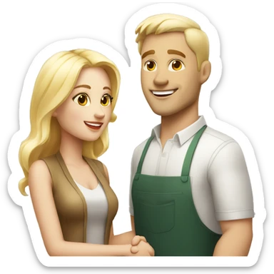 adult restaurant owner with white skin and blogger with white skin and blonde hair shaking hands in great detail and full height sticker
