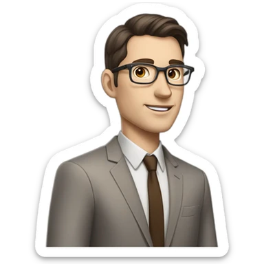 Pale skinned fit man with dark brown hair in gray jacket, beige office shirt, brown tie, brown pants and vintage glasses Writing text on a flipchart sticker