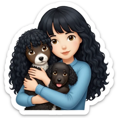 A beautiful girl with long black hair and bangs hugs a curly-haired dog sticker