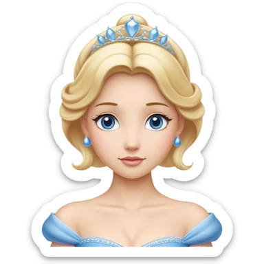 Cinematic Elegant Cinderella Portrait Emoji, rendered in a beautifully detailed, vector-style with minimal shading and bold, simplified shapes. Depict Cinderella in her classic ball gown (chest and above) with fair, porcelain skin and elegantly styled blonde hair, her eyes soft and kind, and her expression serene and graceful. The design glows with a gentle, enchanting radiance and high shine, capturing the timeless beauty of a fairy tale princess. sticker