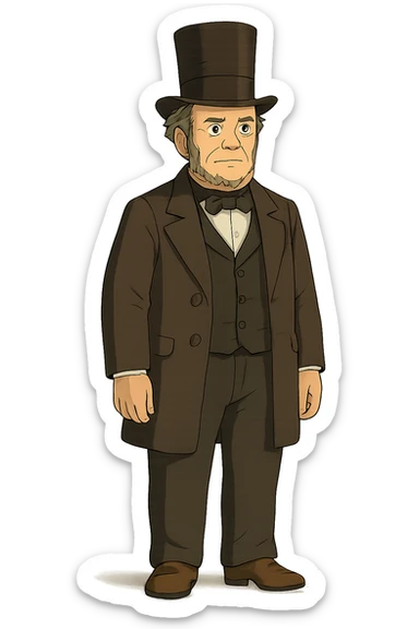 The full body of a US government politician or president from the 1850s wearing a top hat sticker