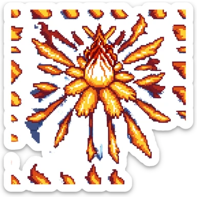 Bomberman downward-facing end-cap explosion tile, flames ending and tapering downward with pronounced flame wisps, orange/yellow with more red at the tips, extending about 70% into down direction sticker