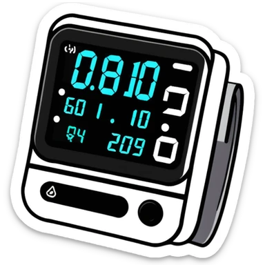 Digital blood pressure monitor showing high reading with numbers on display, hypertension sticker
