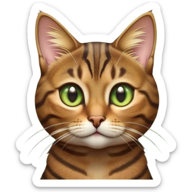 Cinematic Cute Brown Tabby Cat Portrait Emoji, Head tilted playfully and inquisitively, soft brown fur with rich dark tabby stripes and a distinctive M-shaped marking on the forehead, wide, sparkling golden-green eyes filled with curiosity, Simplified yet irresistibly adorable features, highly detailed, glowing with a warm, friendly glow, high shine, affectionate and lively, stylized with a touch of whimsy, bright and endearing, soft glowing outline, capturing the essence of a mischievous yet loving kitten, so playful it feels like it could pounce out of the screen and into your arms! sticker