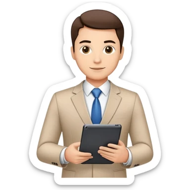 ceo executive confidently, holding a digital tablet or folder, wears smart business attire sticker