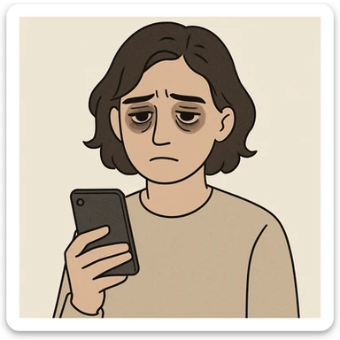 digital illustration of a person with dark circles under eyes looking at their phone, neutral background sticker