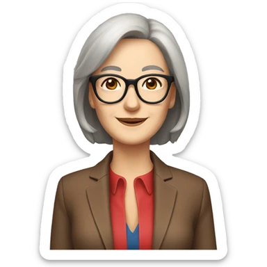 Woman in her 60s, with brown hair, pale skin, glasses, brown eyes, smiling wearing a red blazer, collared shirt,  jeans sticker