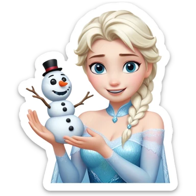 Cinematic Funny Elsa Portrait Emoji, Making a tiny snowman in her hands with a proud grin, looking smug as it dances, an unexpectedly hilarious moment of icy creativity! sticker