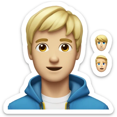 A blonde guy with 2 bangs,left eye blue,right eye yellow,a big white shirt,a yellow coat with a big blue flower shape crystal in the middle of the coat sticker