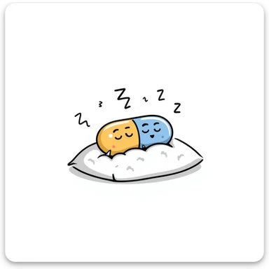 Cute sleeping pill with closed eyes and zzz sleep symbols, colorful sedative medicine capsule on a pillow, hand drawn sleep aid icon with gentle relaxing colors, sleep medicine concept sticker