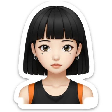Korean girl, black tank top, black hair, black eyes, layered hair, cool girl, aesthetic, long hair, hime cut, blunt bangs, small silver hoop earrings sticker