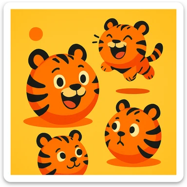 playful illustration of tiger balls, orange with black stripes, cartoon style sticker