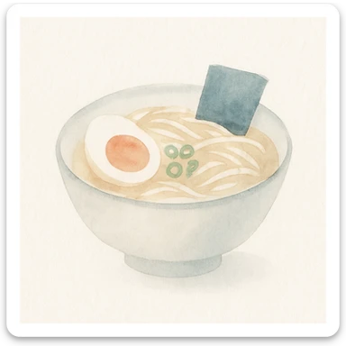 watercolor illustration of a bowl of ramen, soft colors, artistic brush strokes, white background sticker