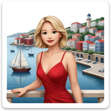 jennifer lawrence, closeup portrait , leaning on a balcony with a harbor and cityscape in the background, smiling, red dress  sticker