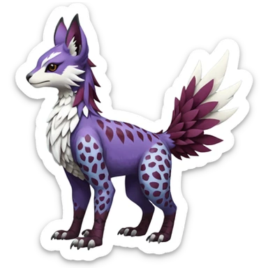 Feral Rare realistic edgy burgundy-purple pretty beautiful handsome gorgeous aesthetic colorful vibrant Vernid-Trico-Silvally-Nargacuga-Gryphon-fusion-hybrid-species-Fakemon-creature by LiLaiRa, random markings, tufted ears, full body with snow-leopard-pattern-markings sticker