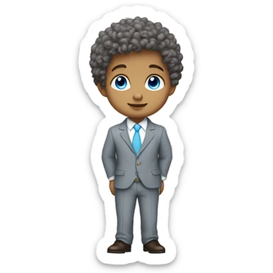 Little white young  gentleman wearing a grey suit with white shirt and baby blue tie with blue eyes ,   brown curly hair and full body . Wearing a watch  sticker