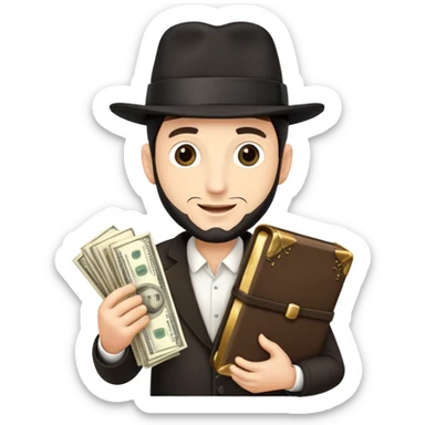 Jewish man with Jewish black hat holding money and Torah greedily sticker