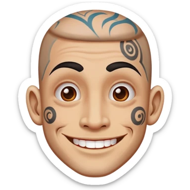 man with bold face tattoos, happy face sticker