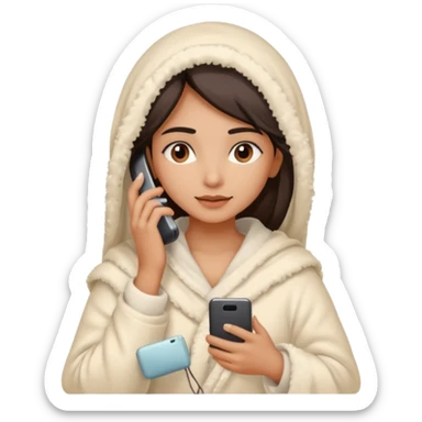 a pretty bratz fair indian girl covered in blanket, wearing beige pajamas, using phone sticker