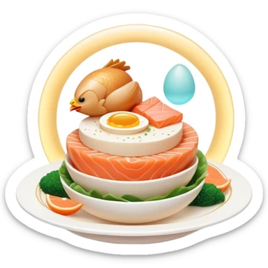 Floating plate with ethereal icons of golden egg, salmon fillet, bright chicken breast, and translucent tofu block, all orbiting a central double helix symbol, with soft light expanding towards a glowing muscular figure sticker