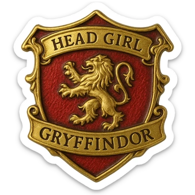 realistic Gryffindor badge for head girl, with lion crest, 'Head Girl' text, ornate gold and red enamel, no human figures, resembling official school pin sticker