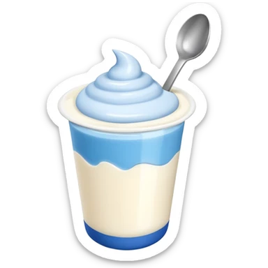 A 3D cartoon yogurt cup with a spoon, creamy white top. sticker
