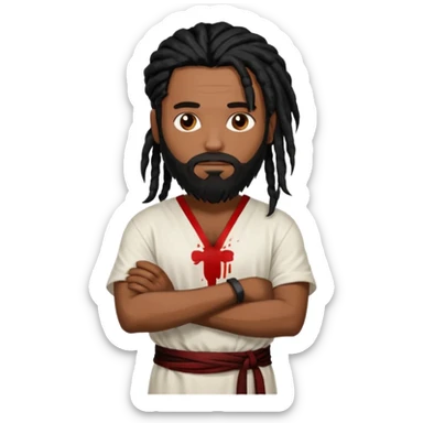African American man with shoulder length black dreadlocks with black beard wearing a white tunic with blood on it with arms folded together sticker