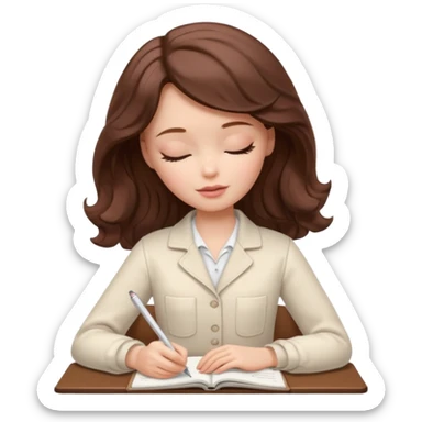 White Barbie girl dark Chestnut bob wavy hair sleeping with In pale creamy color clothes, he writes in a notebook sticker