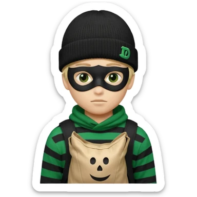 boy emoji with black knit beanie, thin black domino mask, canvas-colored sack over left shoulder that is bulging with stolen goods—often marked with a large, green dollar sign ($).,and a black-and-white horizontally striped sweater sticker