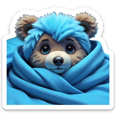 3D, adorable little Pixar style blue neon punk teddy bear wrapped in a comforter, ultra detailed, each lash, eye, and strand of fur is shown in stunning detail as though captured in a timeless photograph, rich textures, visually rich, so lifelike it feels like it could leap off the page at any momen sticker